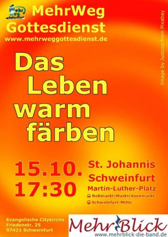 Plakat des Gottesdienstes. Text "Das Leben warm färben" vor einer Art gelb-roter Spirale.