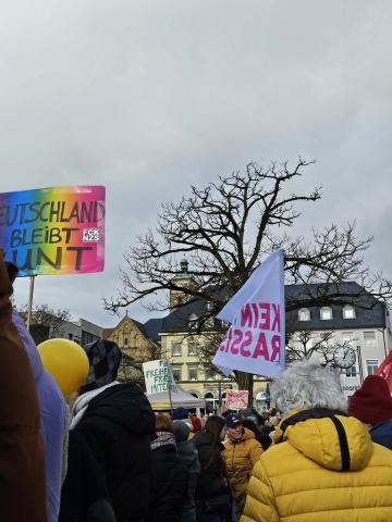 Foto von der Schweinfurter Demokratie-Demo am 26.1.2025. Banner "Deutschland bleibt bunt" und "kein Hass" sind zu sehen.