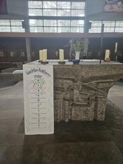 Das "Dankbarkeitsthermometer" lehnt am Altar in St. Michael Schweinfurt