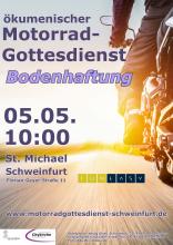 Ein Motorrad von hinten, es fährt in den Sonnenauf- oder Untergang. Text: ökumenischer Motorradgottesdienst "Bodenhaftung" 5.5. 10 Uhr St. Michael Schweinfurt Florian-Geyer-Straße 11 mit der Band Funtasy www.motorradgottesdienst-schweinfurt.de Stadtpfarrei Heilig Geist Evangelische Citykirche